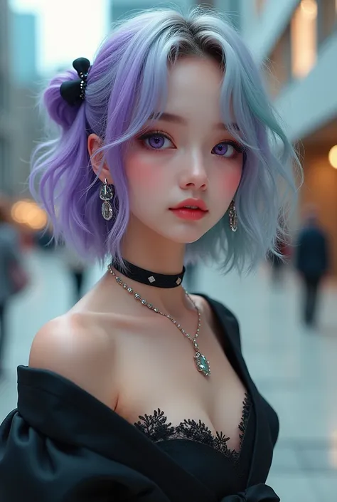 iece, high resolution, [purple|sliver|green] _hair, black miniskirt, hair accessory, necklace, jewelry, beautiful face, looking forward, full body view, realistic, outdoor, modern square, two-tone lighting, (high detail skin: 1.2), 8k UHD, dslr, soft light...