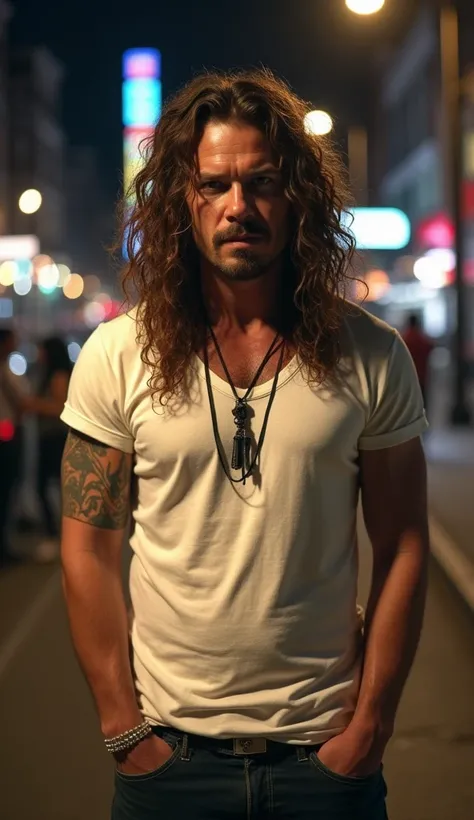 man resembling Axl Rose from the band Guns N Roses, wearing a plain white t-shirt, street scene at night, front view, without strings around his neck or any accessories.