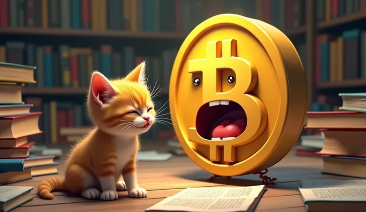 Make a bitcoin laughing at a crying kitten with books on the floor 