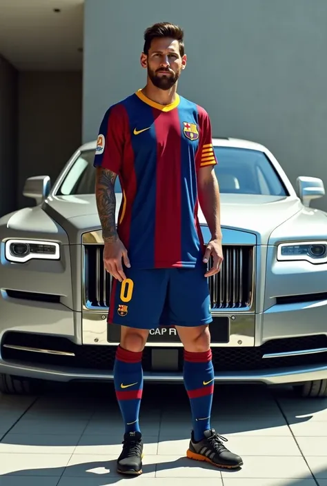 Draw Messi standing in front of a Rolls Royce