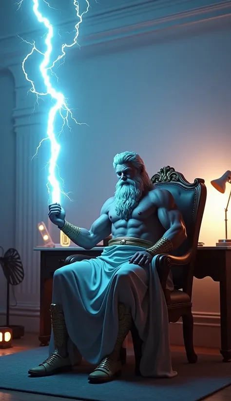 A vloggers desk with dull white walls with LEDs on a chair sits Zeus from Gates of Olympus with a lightning in his hands