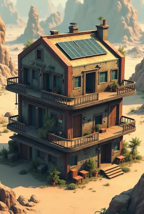 Create an Isometric house design of 3 point perspective in post apocalyptic theme