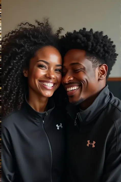 Woman with very long black curly hair and light green eyes laughing with a mixed skinned man with light blue eyes and black curly hair.
Eux deux on une veste under armour noir 