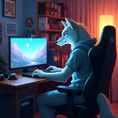 a wolf furry gamer nerd play on computer