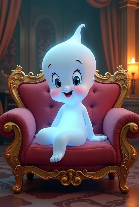 Do you create a visual effect of Casper cartoon sitting on a magnificent sofa 