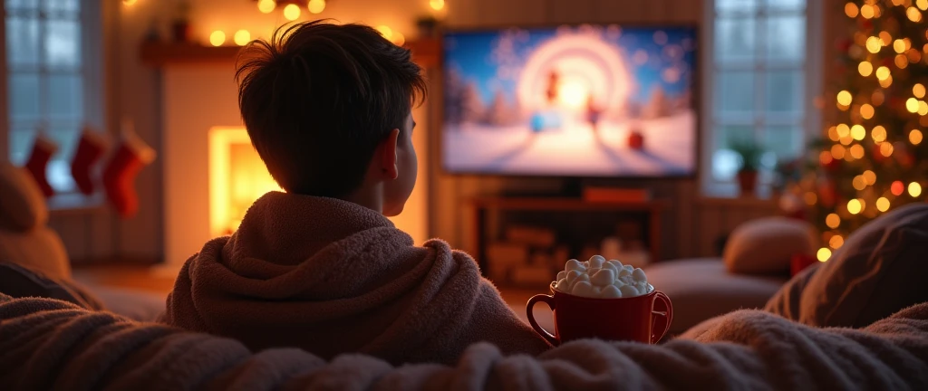 A hyper-realistic image of a young  sitting on a cozy sofa inside a warmly lit living room, watching a Christmas movie on a large TV. The  is seen from behind, wrapped in a soft blanket, holding a mug of hot chocolate with marshmallows on top. The living r...