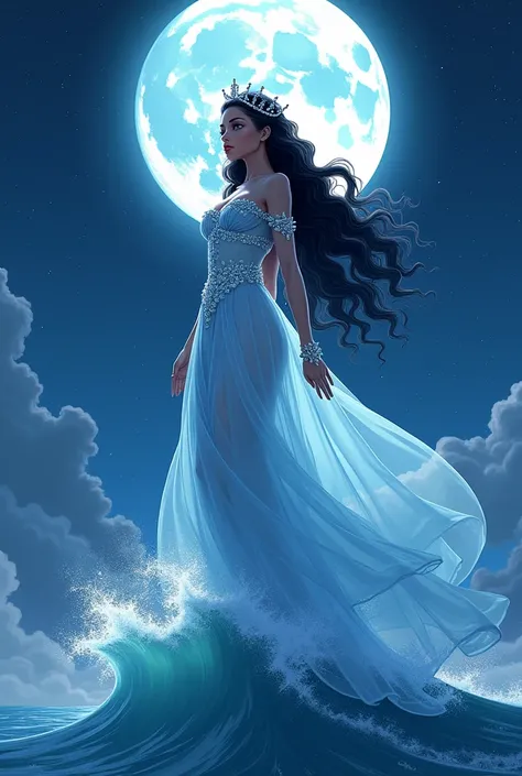  a curly haired black goddess ,  with large breasts ,  in a long flowing light blue dress, adorned with pearls .  She wears a crown and a pearl veil and is standing on a wave in the ocean,  against a background of a starry night sky with a full moon .  The...