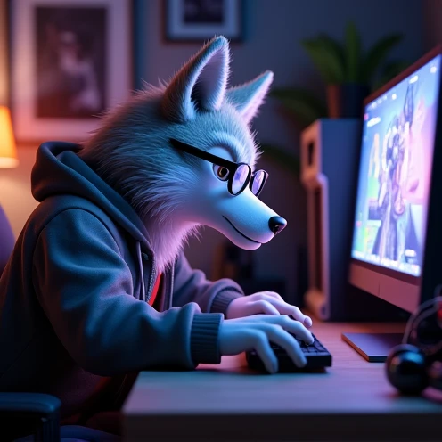 a wolf furry gamer nerd play on computer 3d render