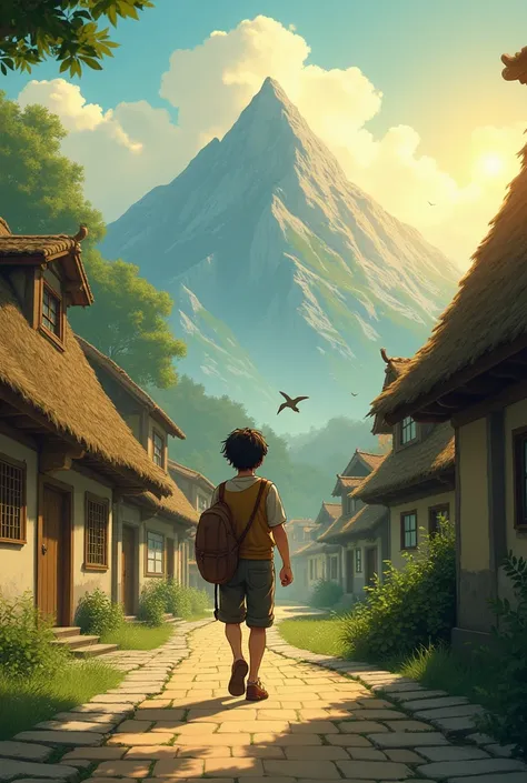 The boy who grew up walked back to the village to tell his story of climbing the mountain in a Ghibli style.