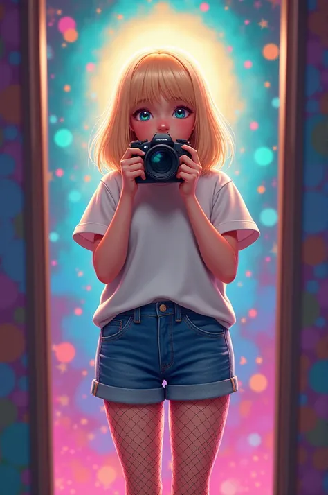 Chubby blonde girl wearing white t-shirt and denim shorts with black fishnet tights taking a selfie and looking forward on a sicodelic background 