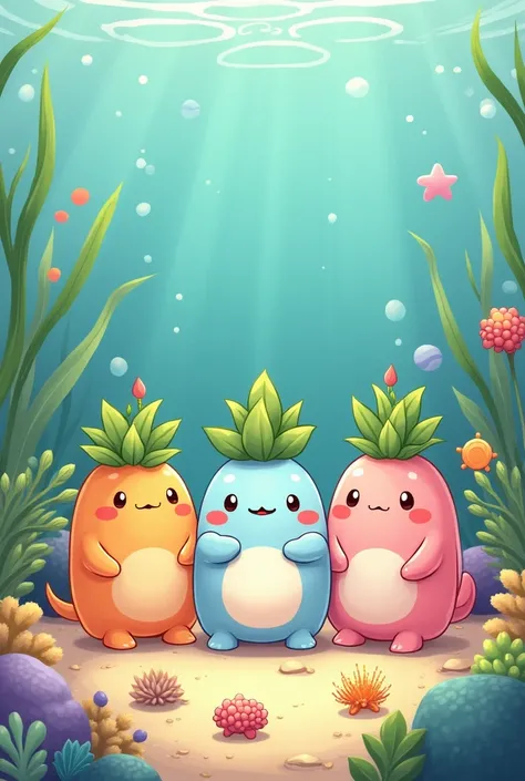 Créer un groupes de personnages mignon, style kawaii. Des petites bestioles de formes rondes avec des plantes sur la tête. Des petites bêtes aquatiques très simple à dessiner. 