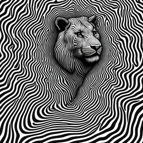 "Create an intricate optical illusion artwork with flowing black and white curved lines. Within the abstract patterns, subtly embed the silhouette of a majestic animal, such as a lion or tiger, so that its face or body emerges seamlessly from the waves of ...