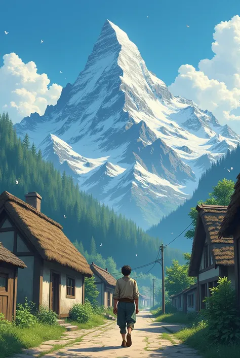 The boy who grew up walked back to his village to tell the story of his climb to the top of the mountain to people in a Ghibli style.