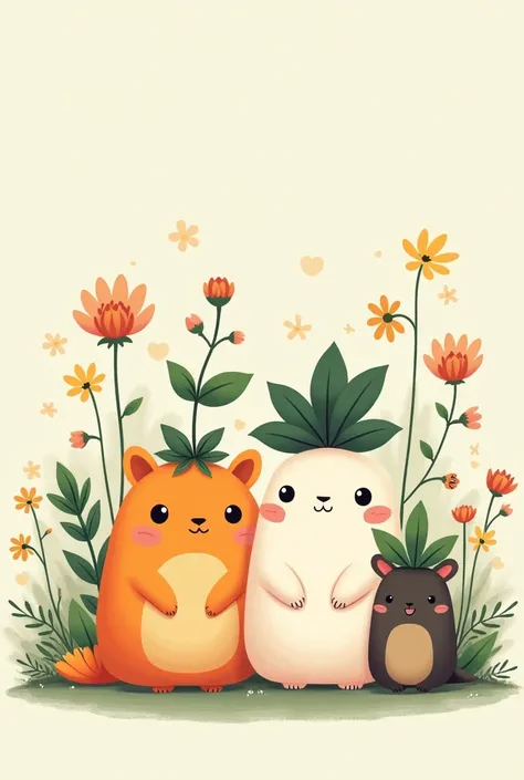 Créer un groupes de personnages mignon, style kawaii. Des petites bestioles de formes rondes avec des plantes sur la tête. Des petites bêtes très simple à dessiner. 