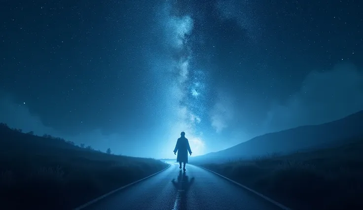  A silhouette on a starlit road, representing the divine company . Realic 4k HDR 