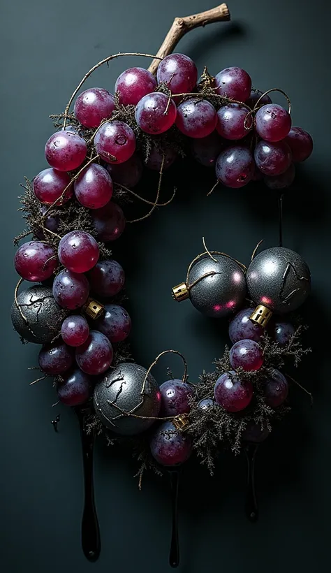 "Create the letter G shaped from a bunch of grapes with wrinkled skins, dripping black juice. The grapes appear decayed and eerie, with black liquid seeping from the surface. Twisted strands of tinsel and cracked silver ornaments are tangled within the gra...