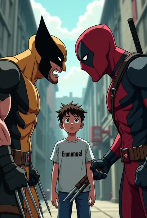 Animation of Wolverine and Deadpool with their guns challenging each other and a  boy in the middle wearing a t-shirt that reads "Emmanuel"