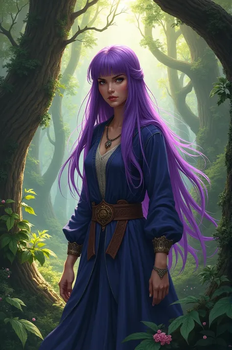 A woman with long purple hair with bangs, looking around fiercely in a forest in the 15th century  