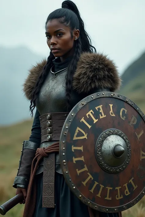 Dark-skinned Viking ,  female, with armor, With helmet,   with the word Vikings on her shield