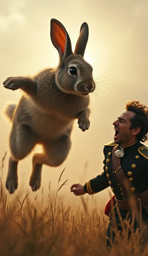 A rabbit mid-air, with an aggressive expression, just about to land on the face of a surprised Revolutionary-era French soldier. The soldier looks shocked, his eyes wide, as the rabbit leaps toward him. The scene is set in an open field with dramatic light...