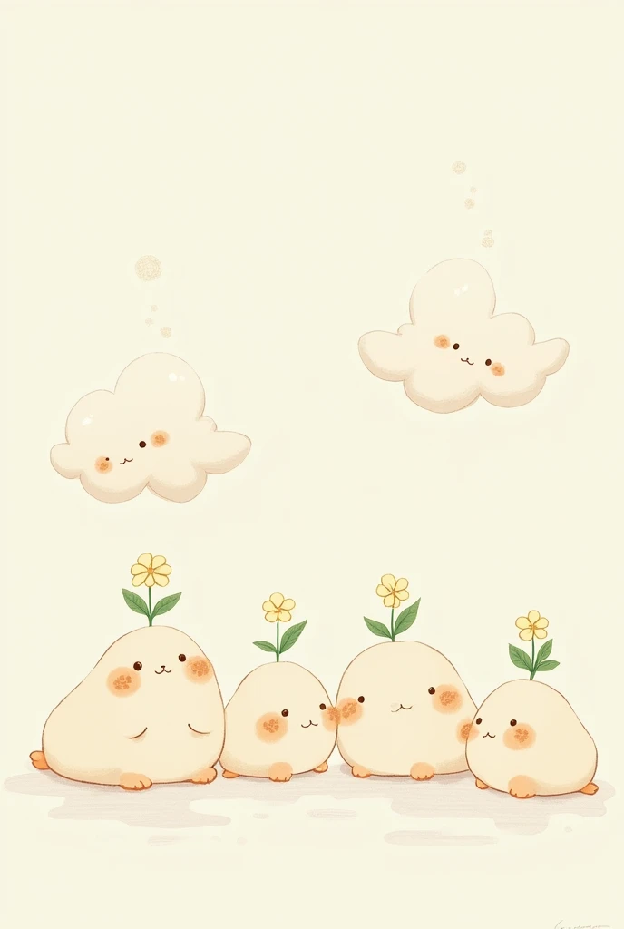 Créer un groupes de personnages mignon, style kawaii. Des petites bestioles de formes rondes avec des plantes sur la tête. Des petites bêtes très simple à dessiner, semblant tout droit sortie des nuages.