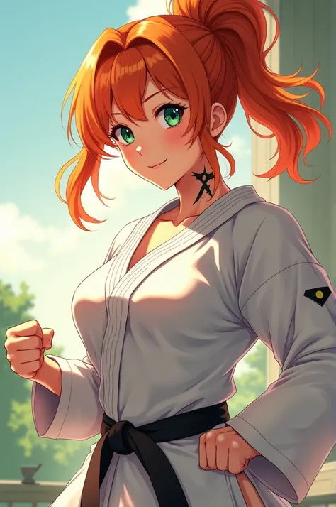 Create an anime-style girl with the following characteristics
An orange hair styled in a ponytail
2 fair skin
3 green eyes 
4 that he wears a martial arts uniform
5 with a tattoo on the neck of a 5-pointed star
You are average bust size