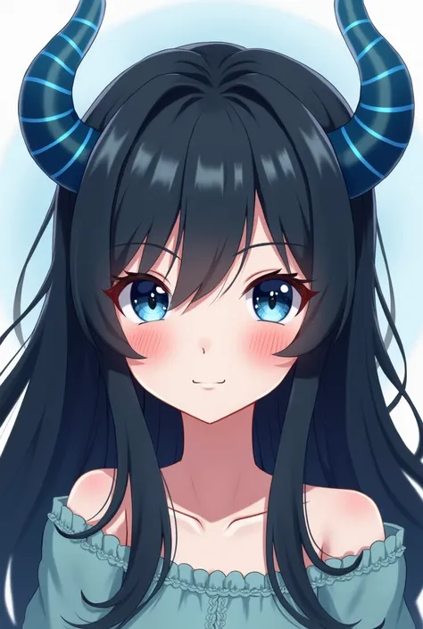   Girl with black hair  , blue horns and blue eyes (Anime cute style)