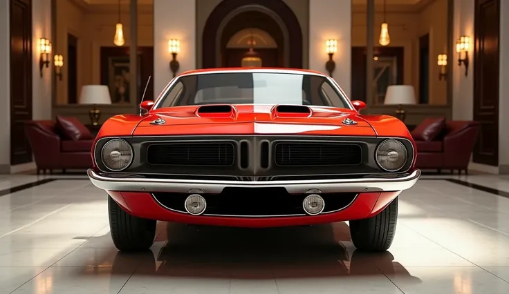 A 4K ultra-realistic image of a New (1971 Plymouth cuda ) in (red), a premium car. The car is parked in a showroom with luxury room on the floor. The image is straight (front) look perfect.