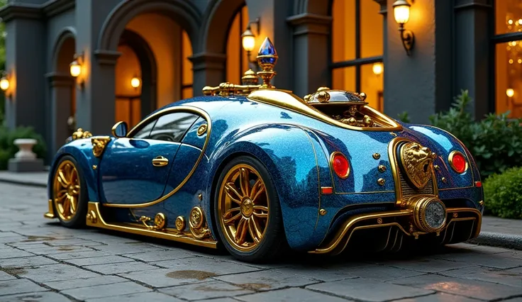  (((REAR VIEW OF A 3 /4))) ((( car decorated with a blue sapphire gemstone plate from the jewel Blue Belle from Asia))) ( Bugatti Veyron HOTROD STEAMPUNK VERSION , COLOR metallic gold :2.0), ((( adorned with ROCOCOS :2.0 And gold props , bronze and brass ,...