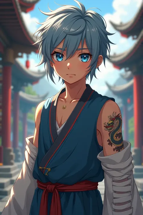 Create an anime-style boy with the following characteristics
A gray-blue hair
2 brown skin 
3 age s 
4 in a traditional Chinese costume
5 bandages on the arms and a dragon tattoo near the collarbone