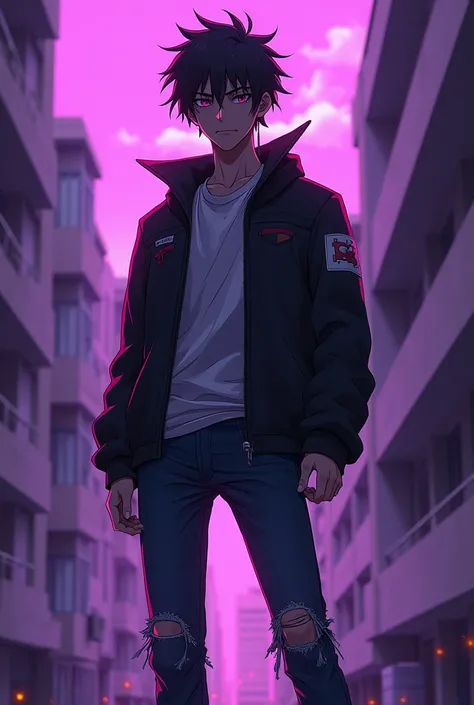 Anime dangerous phonk boy standing in front of building and smiling and all around colors is purple size of picture 16:9