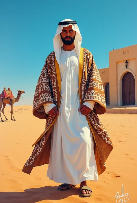 Acrylic painting of a man wearing a white dress and a Brown and white dress. The man is standing in a desert. The background contains a camel and a building. The image is inspired by the traditional clothing of the Arabian region and the style of Arabian B...