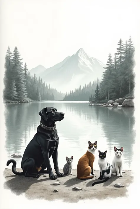  a nature drawing with trees and a lake in the mountains with a black Labrador without a collar and two angora cats, deux chats siamois, A tricolor cat and a white and gray cat , dans un style épuré au crayon en noir et blanc avec une touche de couleur