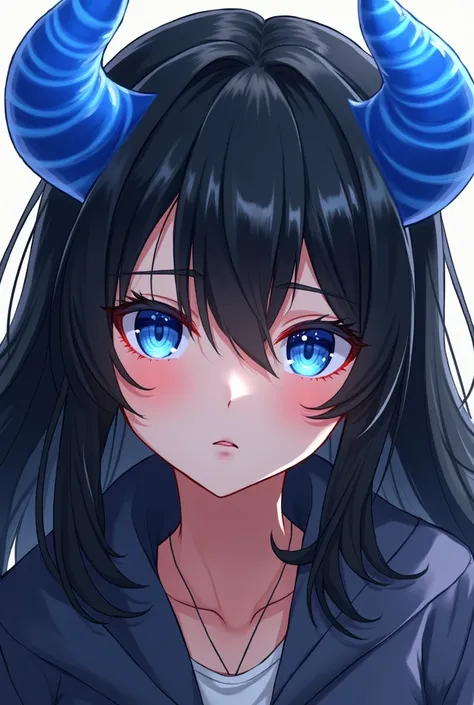   Girl with black hair  , blue horns and blue eyes , serious face, (Anime cute style) 