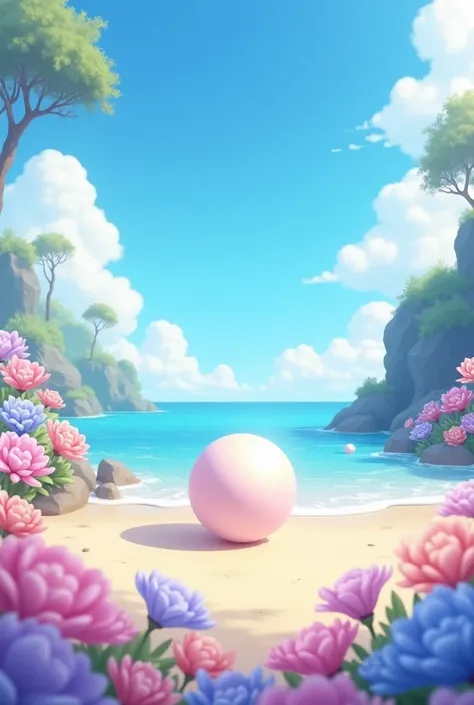 A pearl on the seashore , Nearby there is a place full of pastel-colored flowers, everyone is beautiful with blue and clear skies Animated version 