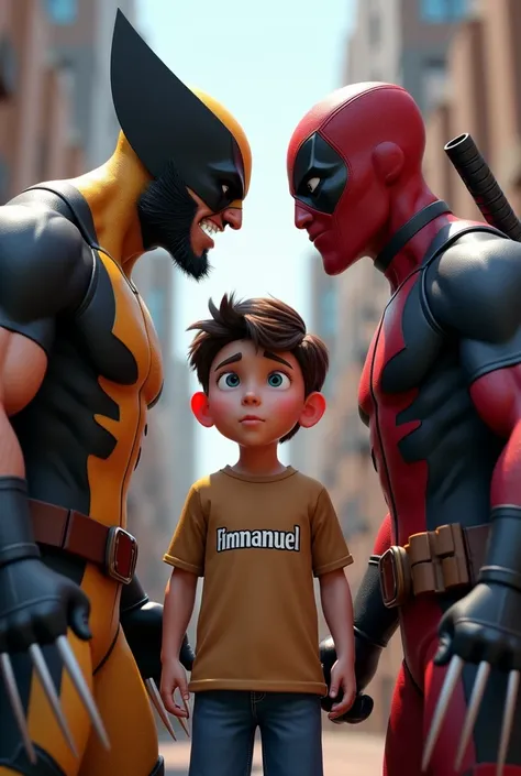 3D animation of Wolverine and Deadpool standing with their masks and guns challenging each other and a  boy face in the middle wearing a t-shirt that reads "Emmanuel"