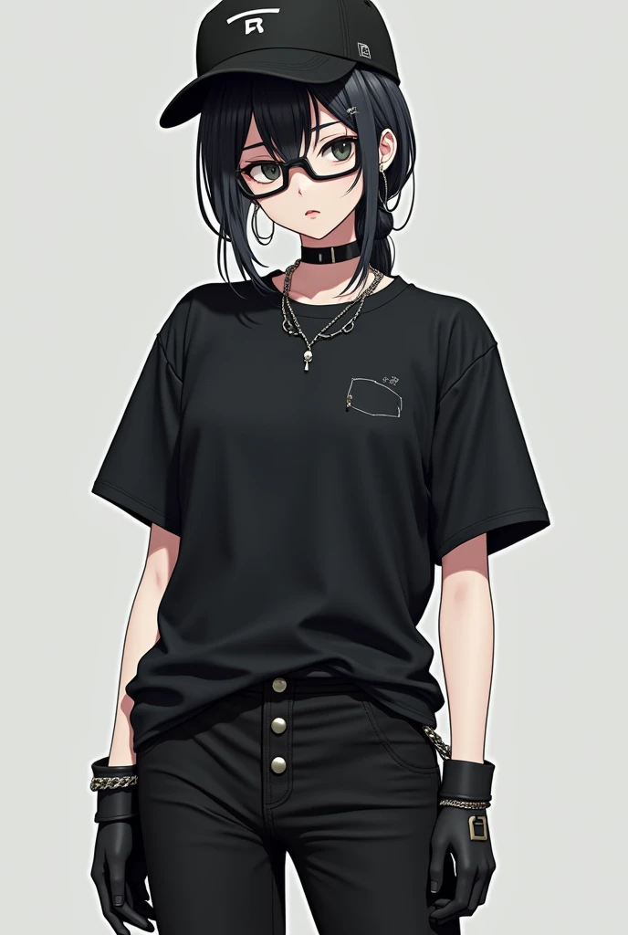 3D anime with white skin with black hair tied and black cap on the side with black rock shirt and short black gloves with black pants and y2k glasses