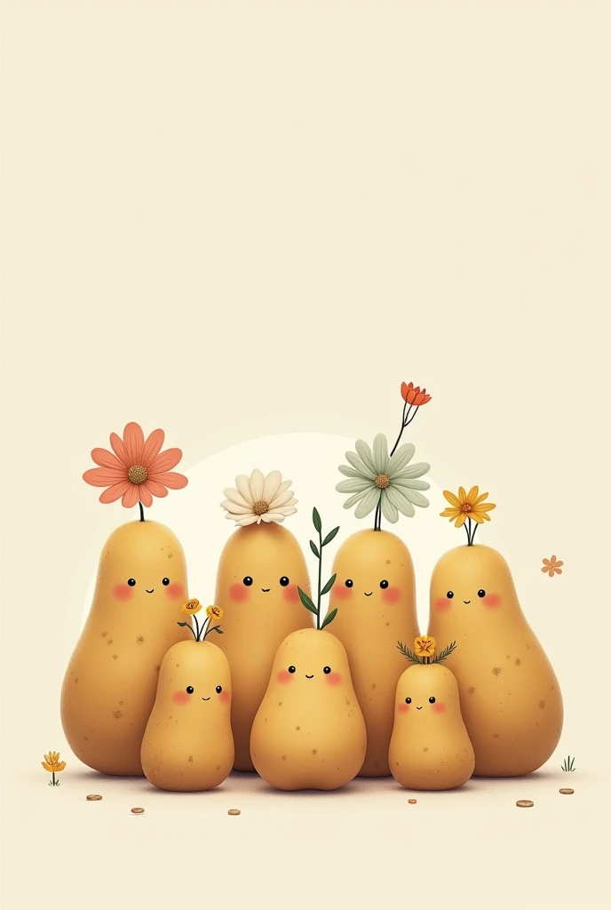 Créer un groupes de petits personnages minimalistes, en formes de patates. Des petites bestioles avec des fleurs sur la tête, des créatures imaginaires et originales