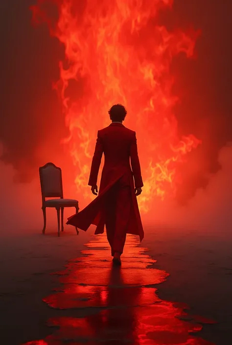  RPG character with his back heading toward a chair in the middle of a fire.
 Not so realistic a bit drenched in a red suit 