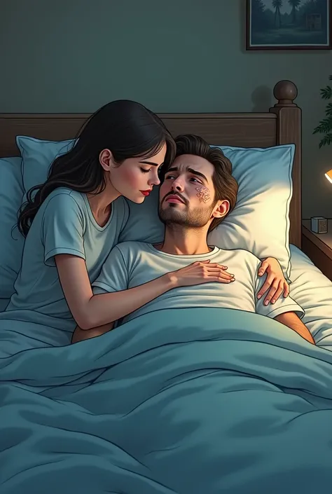 Sick man in his bed supporting him woman realistic cartoon