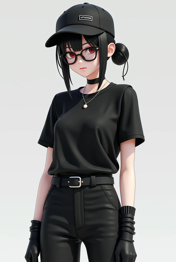 3D anime with white skin with black hair tied and black cap on the side with black rock shirt and short black gloves with black pants and y2k glasses