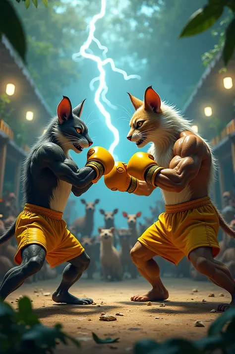 An epic boxing match between anthropomorphic cats and mice in the jungle. Wearing yellow boxing gloves and shorts, Bidal has a muscular build with a flowing white mane and intense expression. The rat is equally muscular, with two sharp horns and a rugged l...