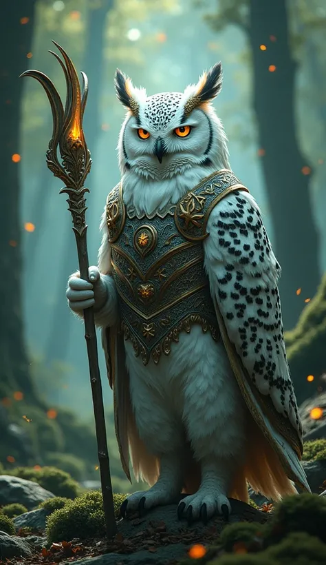 Create 32k Ultra-realistic, 200% mutated hybrid fusion of a Snowy Owl, Hawkman, Forest Guardian aura, and a wizard form, set in an ancient, mystical forest with towering trees and enchanted streams flowing through the land. The creature has the wise, power...