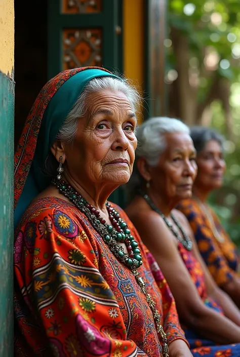  high quality image with older indigenous Venezuelan women, mixed with Spanish ,  African decorative art and enslaved Africans 