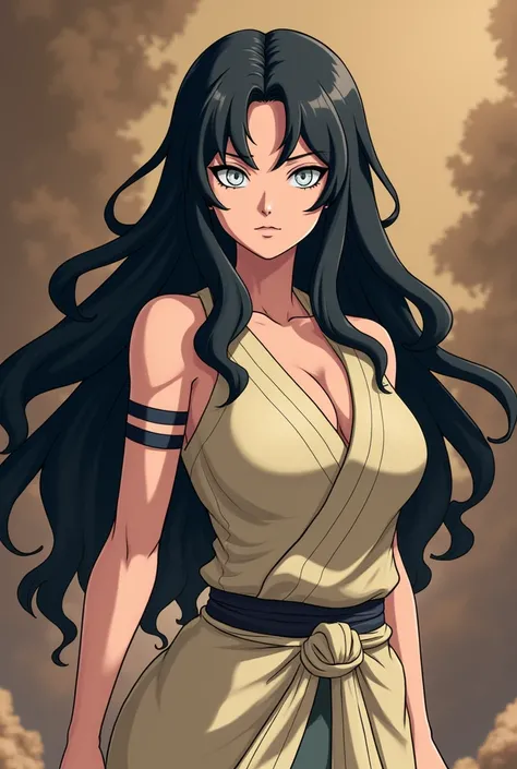 Girl in the Shonen animation style "Naruto Shippuden" . thin with large breasts,  black-haired , long, loose and wavy. white eyes (Byakugan)  ninja clothing in cream or earth colors. Belonging to the Hyuga clan