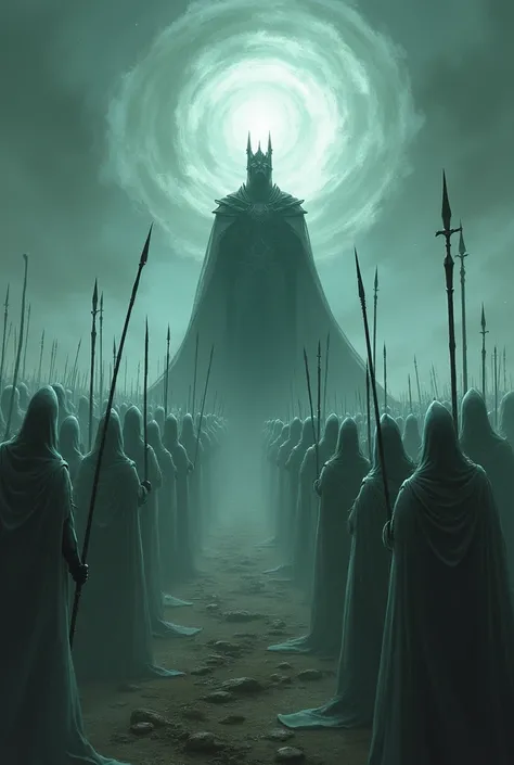 Generate for me an image of a ghost army bowing before their evil king raising their spears and swords at the malicious gaze of their lords 