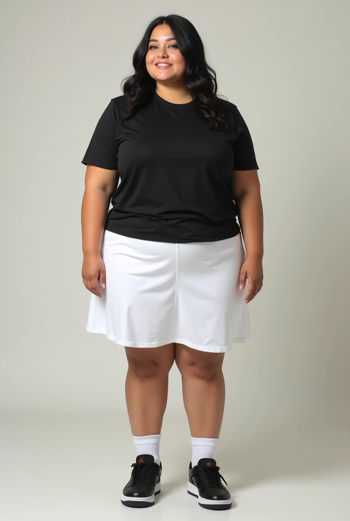  Fat woman wearing black top, white sports skirt ,  white socks and Nike Air Force 1 black sneakers. Women are NOT black-skinned.