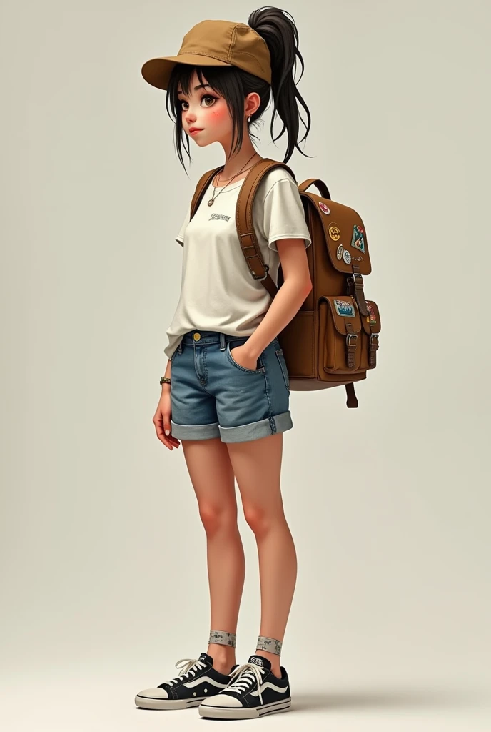 A casual outfit with a T-shirt, shorts or jeans and sneakers, and perhaps a backpack or messenger bag that she uses to carry around her art supplies. a s girl wearing it