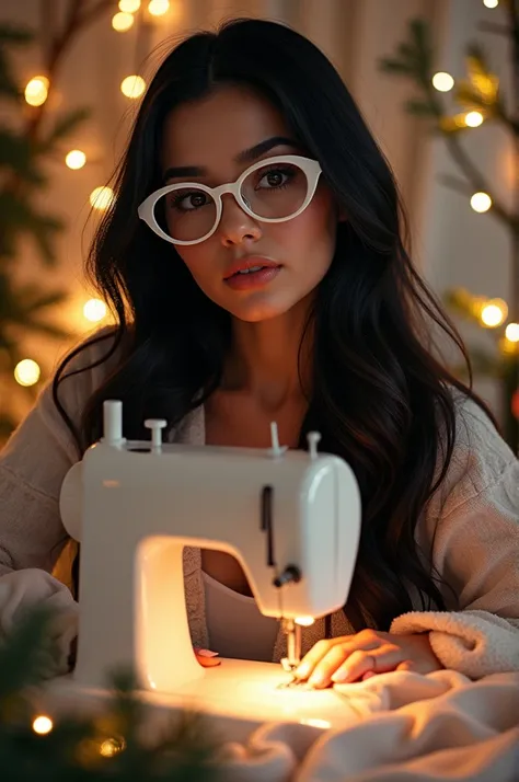 Logo of "KAMEN CONFECCIONES " Latin white glases woman with smooth black hair with a sewing machine and Christmas atmosphere