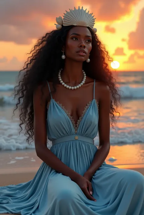  a dark-skinned black woman with long dark and frizzy hair .  She is wearing a shell crown ,  pearl earrings and a pearl necklace . She is wearing a light blue dress and her hands are together in her lap.  The bottom is an ocean with soft waves and an oran...